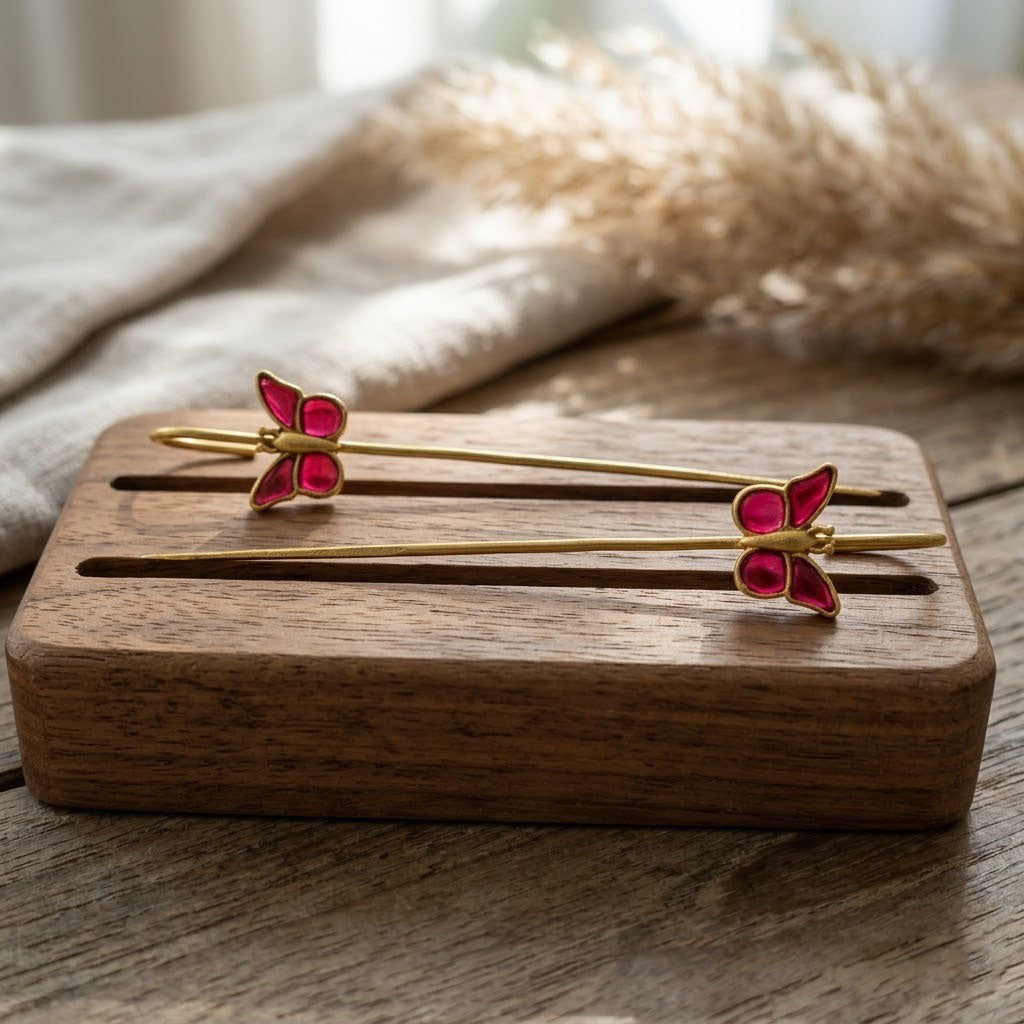 Gold Plated Butterfly Ear Cuff Earrings for Women – Pink & Green