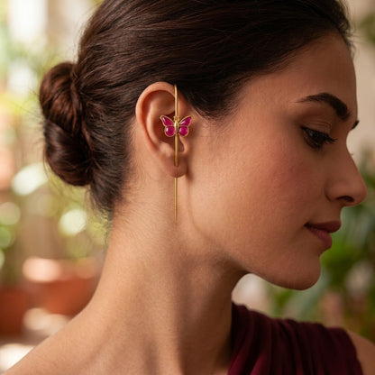 Gold Plated Butterfly Ear Cuff Earrings for Women – Pink & Green