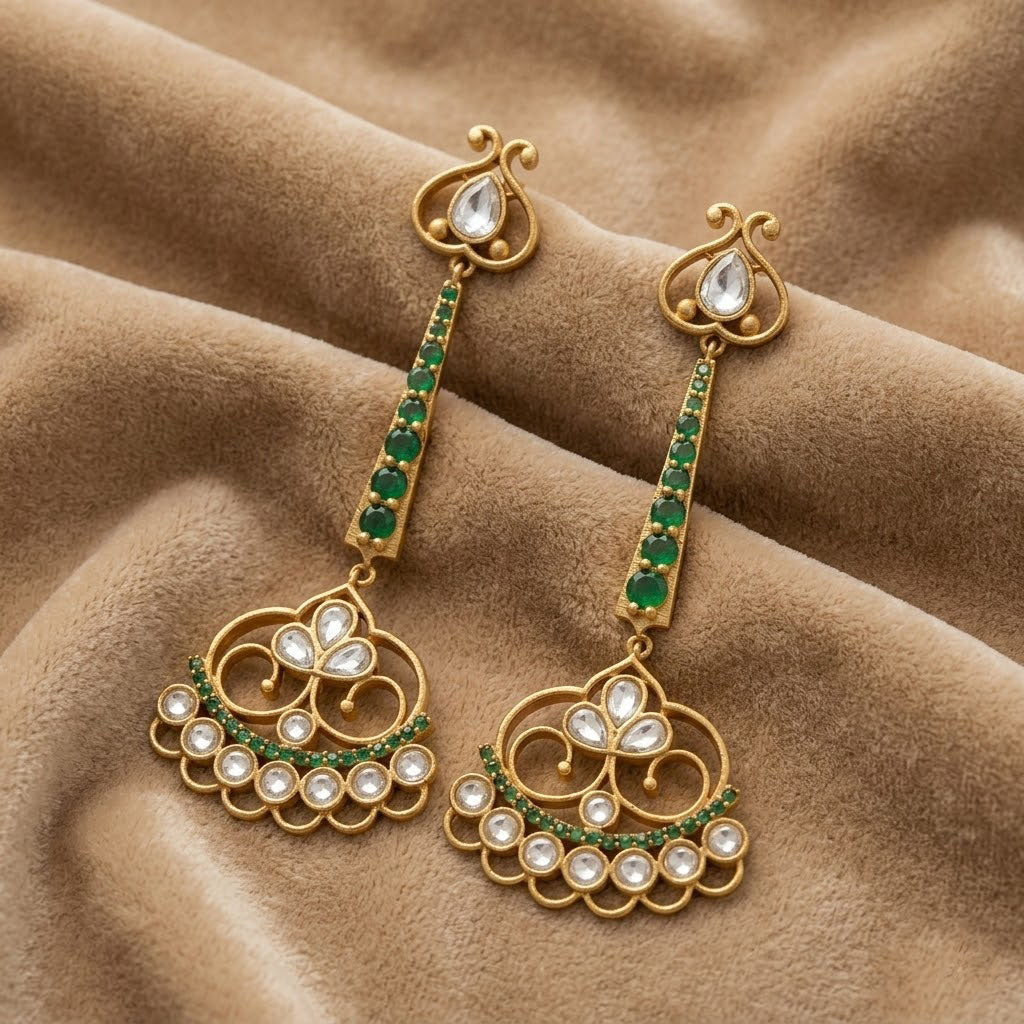 Gold earrings with green and white gemstones on a brown fabric background