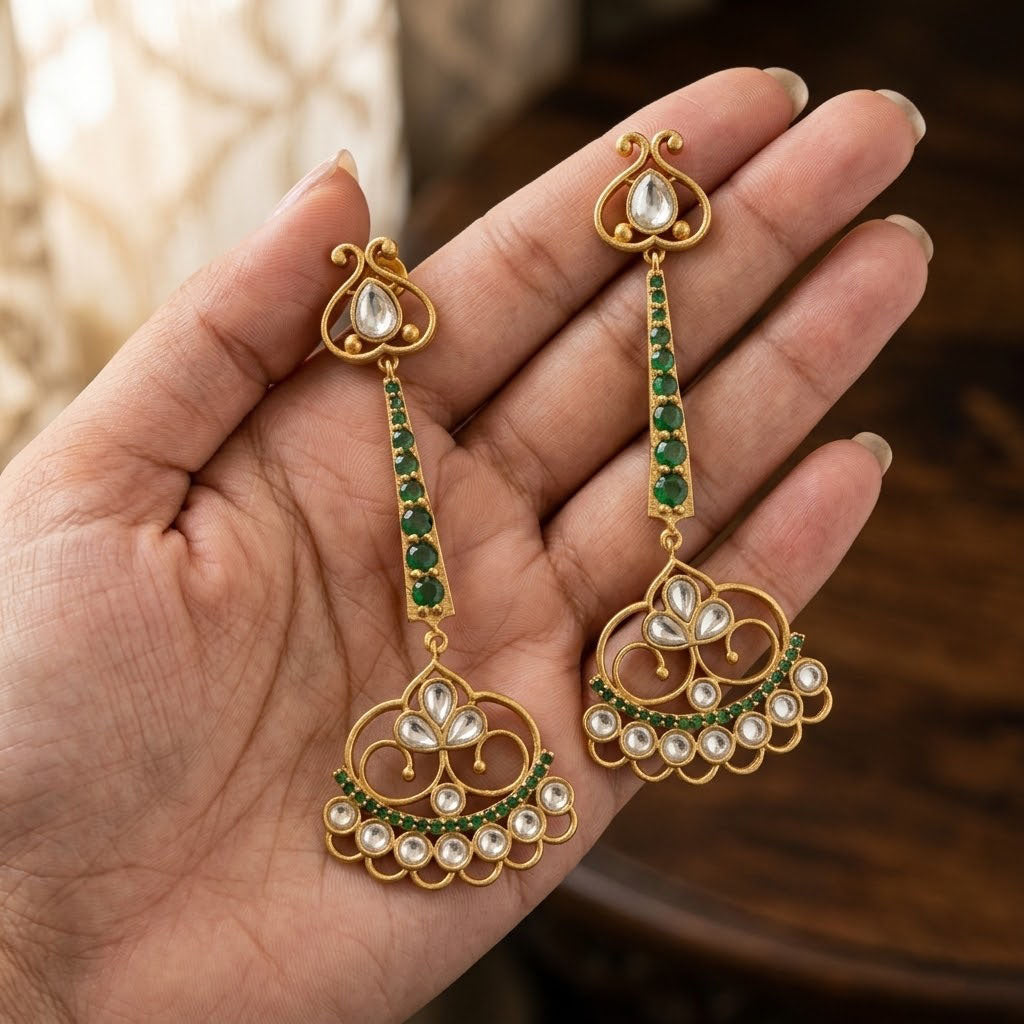 Gold earrings with green and white stones held in a hand against a blurred background