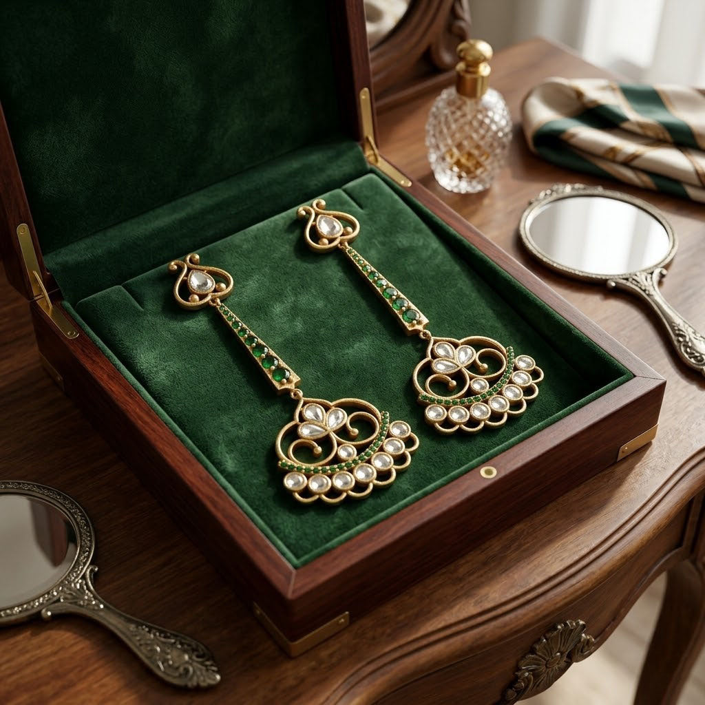 Ornate earrings in a green velvet box on a wooden table with mirrors and a handbag.