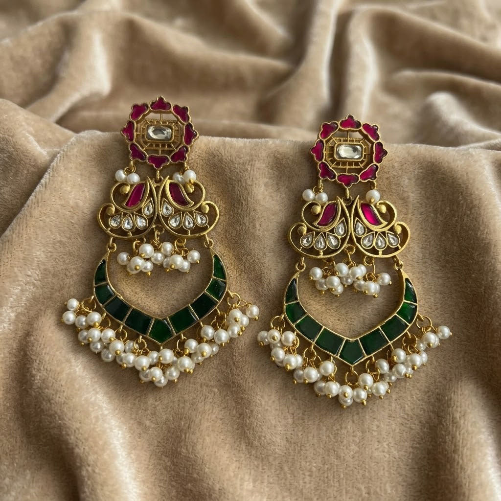 Traditional Kundan Pearl with Green Red Enamel Chandbali Earrings