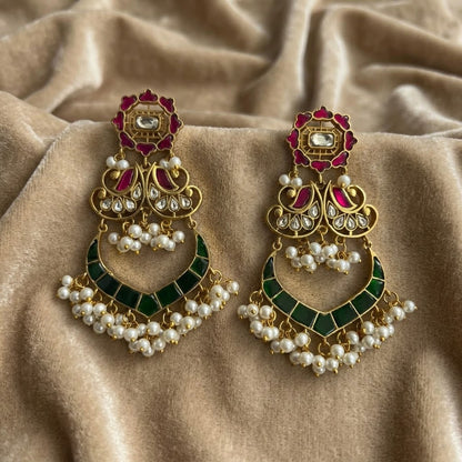 Traditional Kundan Pearl with Green Red Enamel Chandbali Earrings