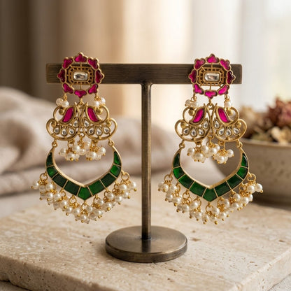 Traditional Kundan Pearl with Green Red Enamel Chandbali Earrings
