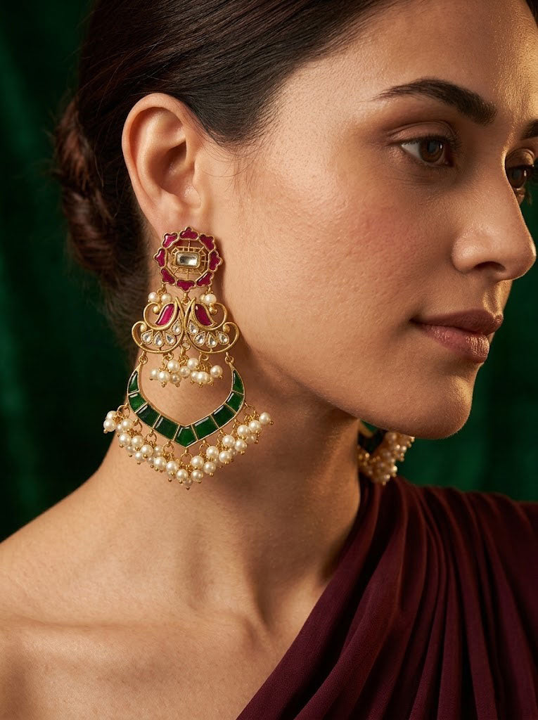 Traditional Kundan Pearl with Green Red Enamel Chandbali Earrings