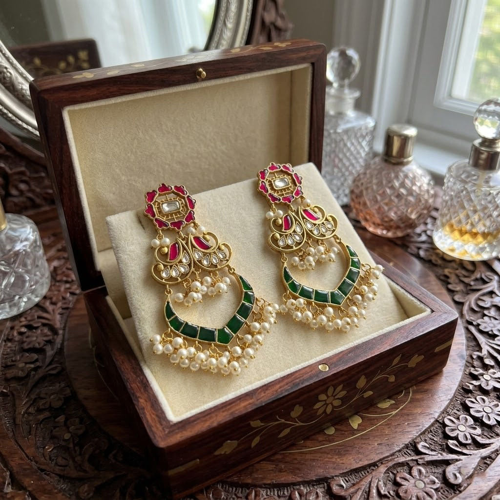 Traditional Kundan Pearl with Green Red Enamel Chandbali Earrings