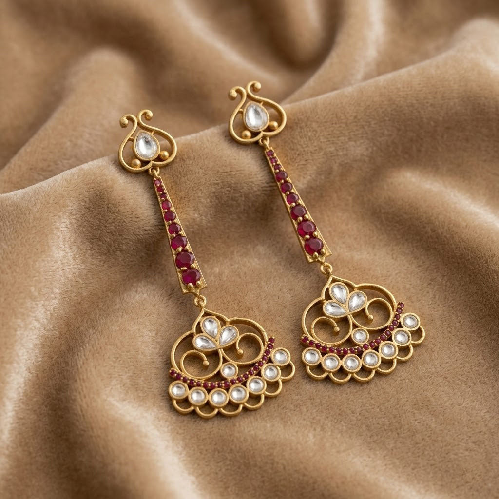 Gold Plated Green Stone Kundan Long Drop Earrings Women Festive Wear