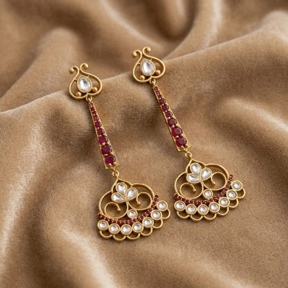 Gold Plated Green Stone Kundan Long Drop Earrings Women Festive Wear