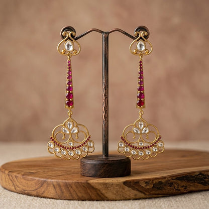 Gold Plated Green Stone Kundan Long Drop Earrings Women Festive Wear
