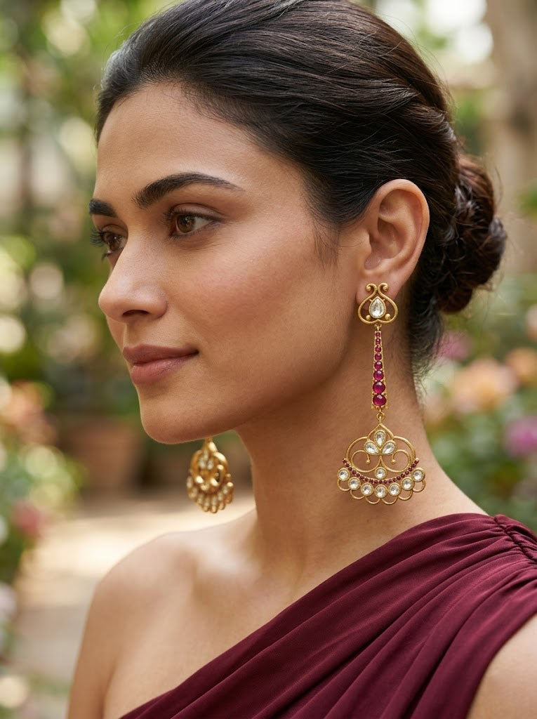 Gold Plated Green Stone Kundan Long Drop Earrings Women Festive Wear