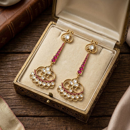 Gold Plated Green Stone Kundan Long Drop Earrings Women Festive Wear