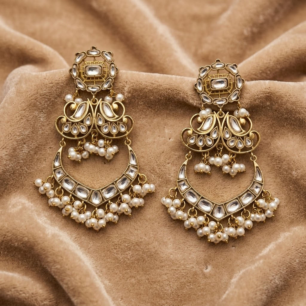 Traditional Kundan Pearl with Green Red Enamel Chandbali Earrings