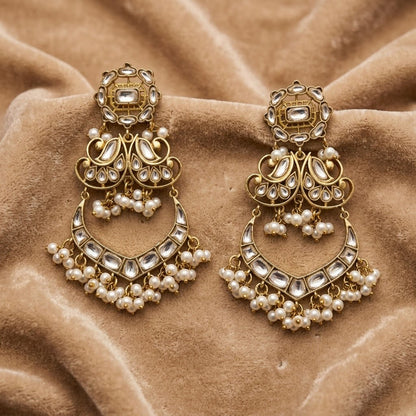 Traditional Kundan Pearl with Green Red Enamel Chandbali Earrings