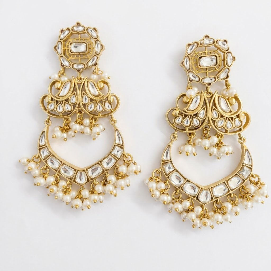 Traditional Kundan Pearl with Green Red Enamel Chandbali Earrings
