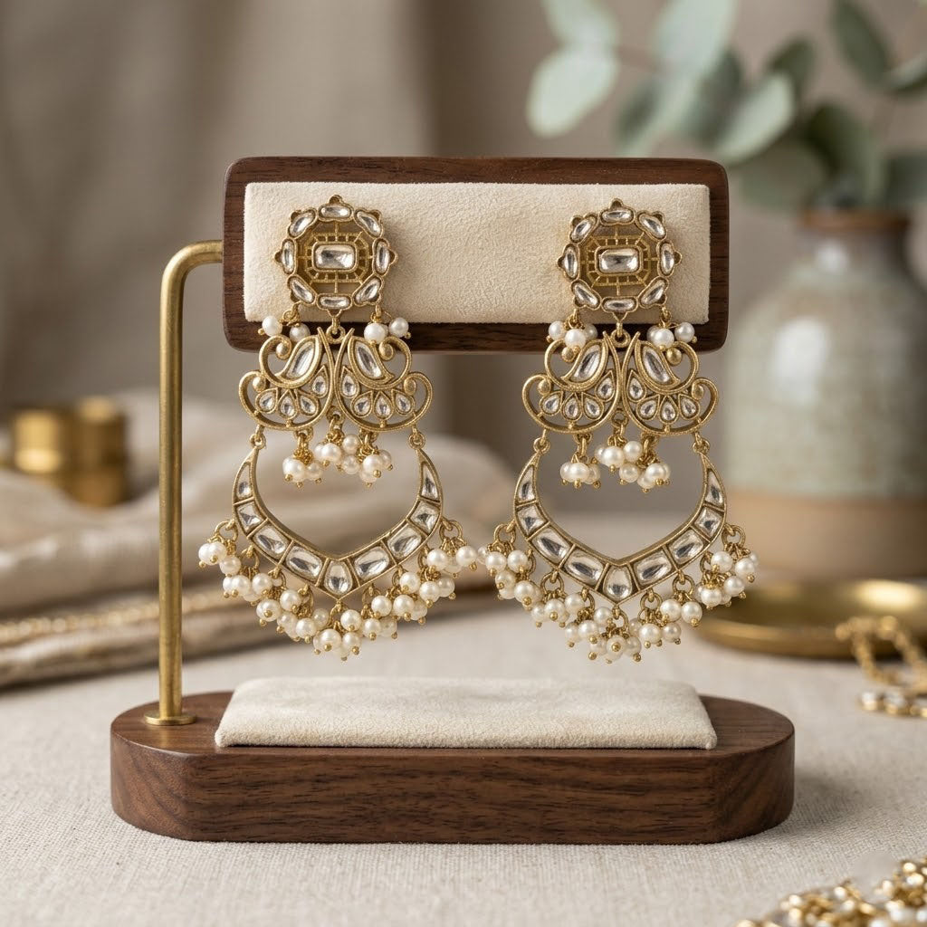 Traditional Kundan Pearl with Green Red Enamel Chandbali Earrings