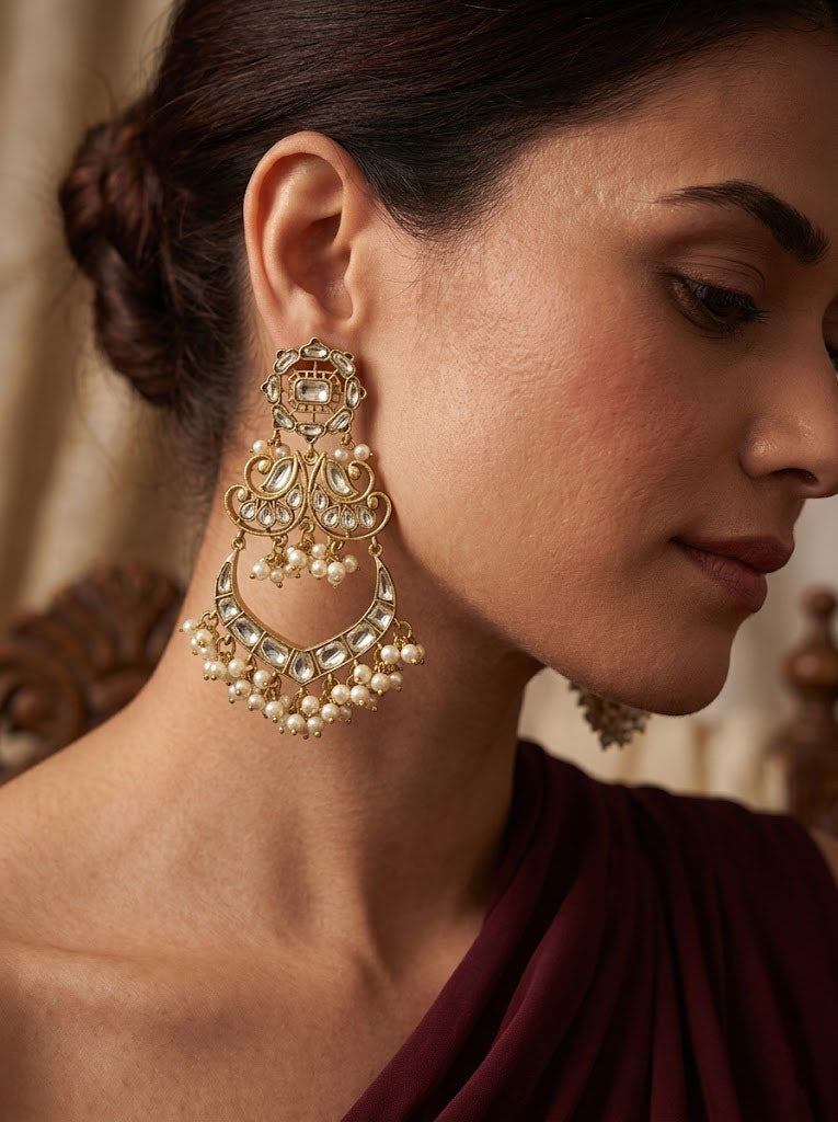 Traditional Kundan Pearl with Green Red Enamel Chandbali Earrings