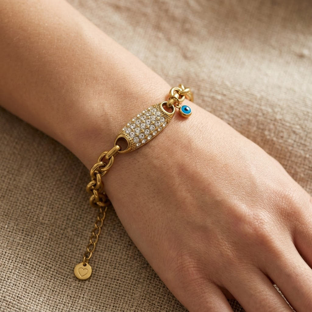 Gold Pavé Evil Eye Chain Anti Tarnish Bracelet For Women